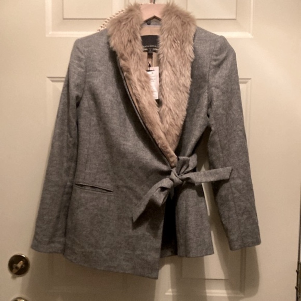 Banana Republic Gray Herringbone Blazer with Faux Fur Trim - Picture 2 of 12